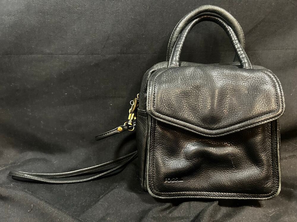 Fossil Black Pebbled Leather Organizer Satchel Top Handle Bag Shoulder Strap